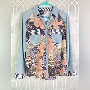 Chico's Navy and White Striped Top with Floral Print Women’s Size 8/10